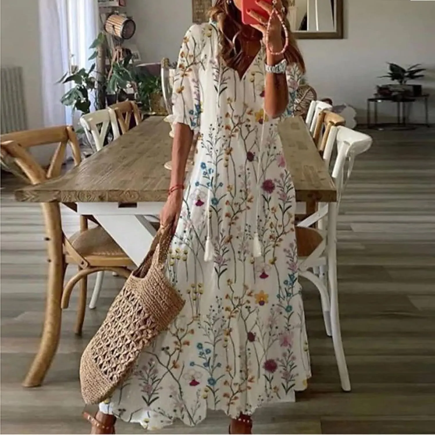 Womens Casual Spring Summer Shirt Dress V-Neck Short Sleeve Boho Printed Dress Flowy Cinched Waist Elegant Long Dress