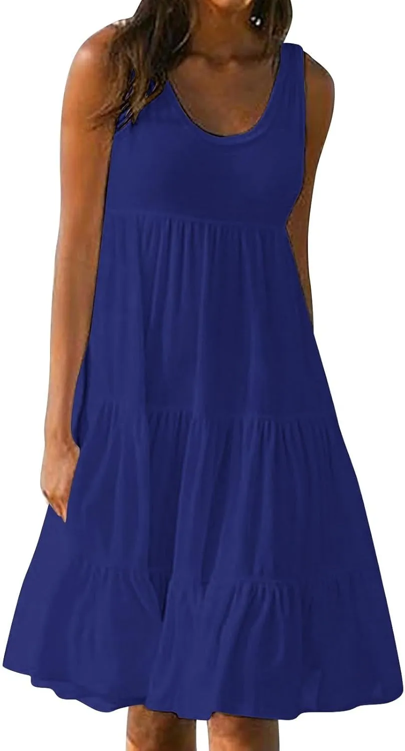 Womens Casual Sundresses 2025 Vacation Summer Beach Dresses Flowy Knee Length Tshirt Dress Sleeveless Ruffle Dress