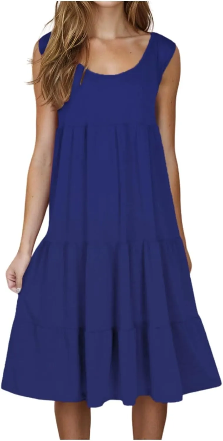 Womens Casual Sundresses 2025 Vacation Summer Beach Dresses Flowy Knee Length Tshirt Dress Sleeveless Ruffle Dress