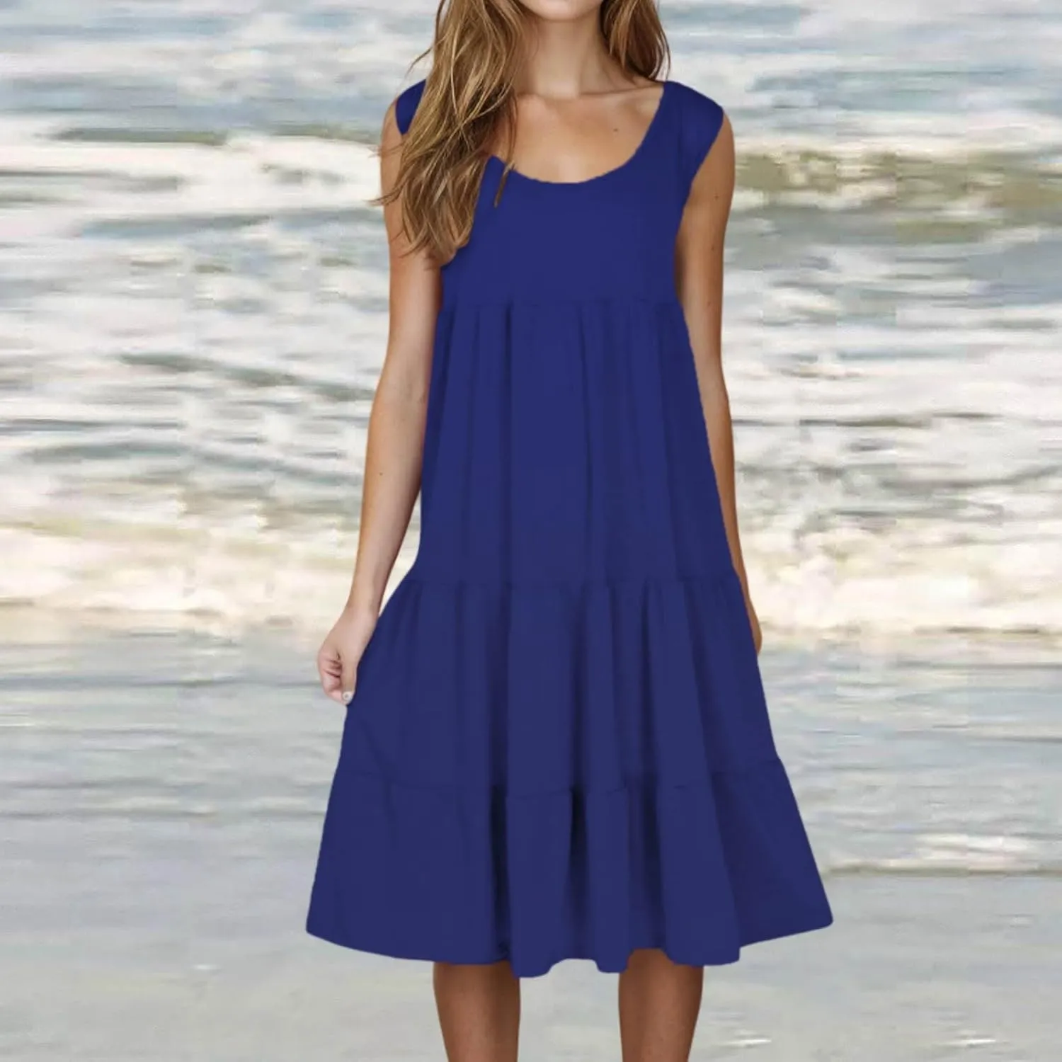 Womens Casual Sundresses 2025 Vacation Summer Beach Dresses Flowy Knee Length Tshirt Dress Sleeveless Ruffle Dress