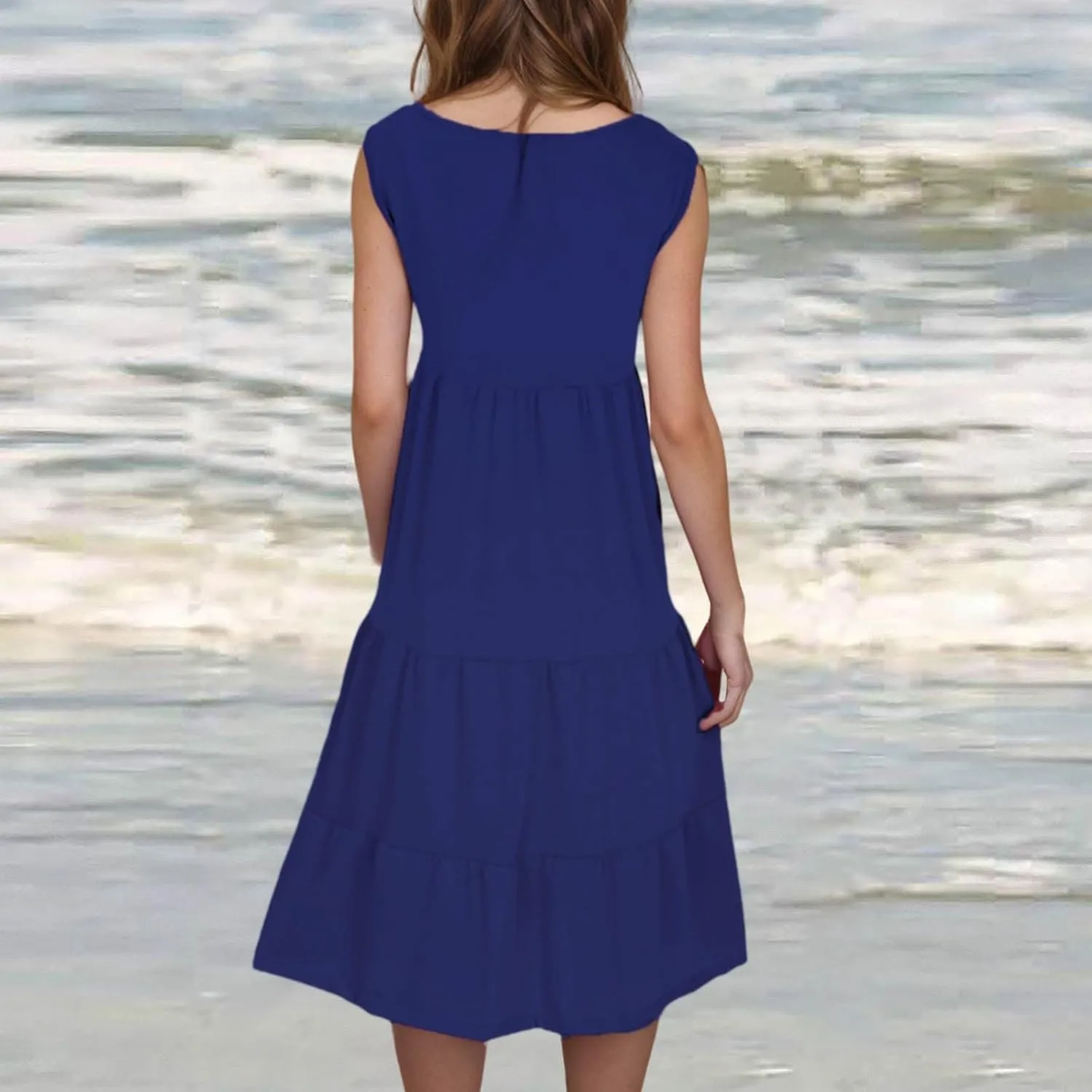 Womens Casual Sundresses 2025 Vacation Summer Beach Dresses Flowy Knee Length Tshirt Dress Sleeveless Ruffle Dress