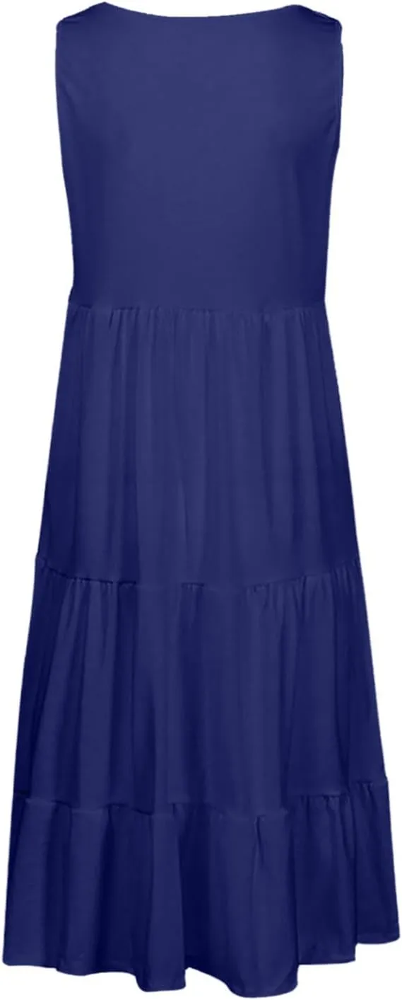 Womens Casual Sundresses 2025 Vacation Summer Beach Dresses Flowy Knee Length Tshirt Dress Sleeveless Ruffle Dress