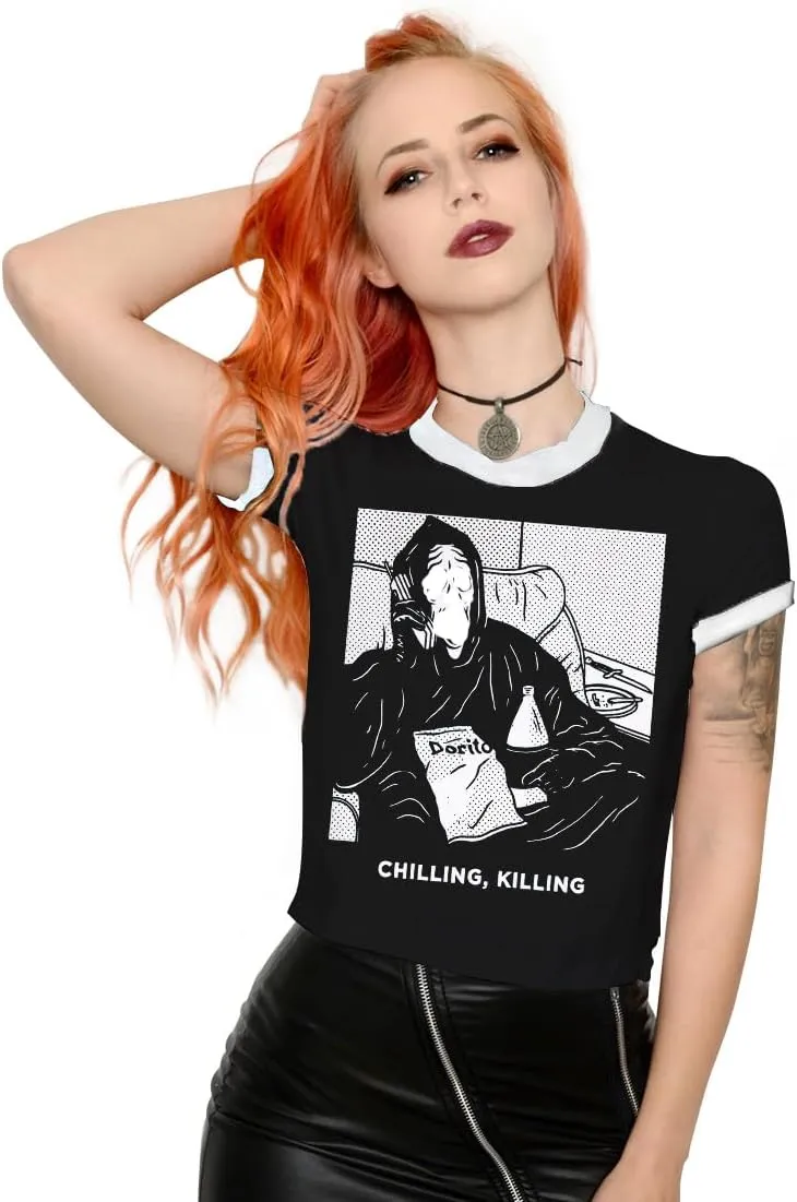 Womens Crop Tops Summer Casual Short Sleeve Goth Halloween Print Cropped T Shirts