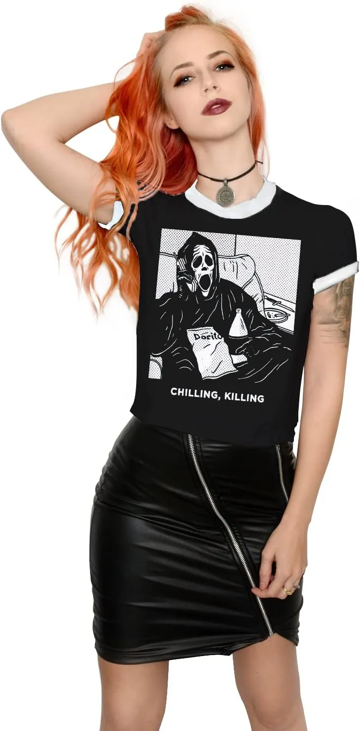Womens Crop Tops Summer Casual Short Sleeve Goth Halloween Print Cropped T Shirts
