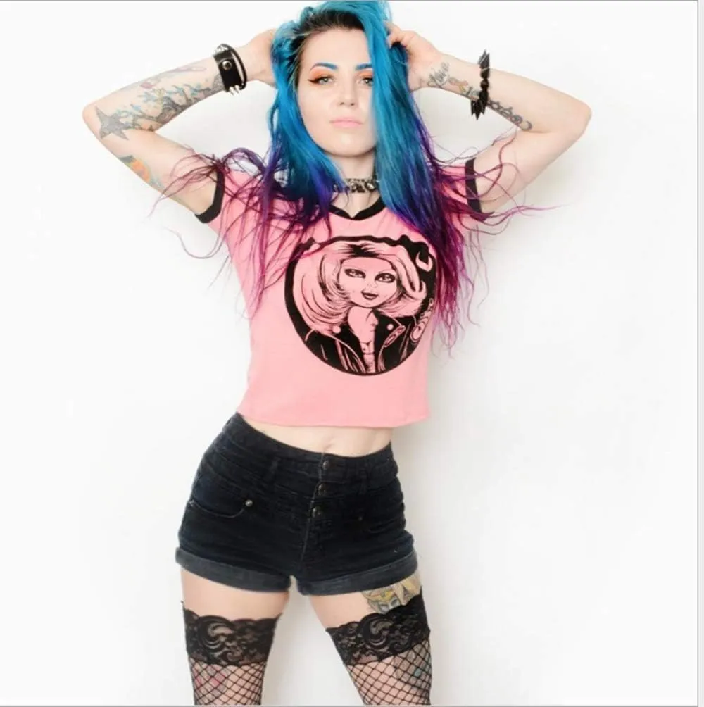 Womens Crop Tops Summer Casual Short Sleeve Goth Halloween Print Cropped T Shirts