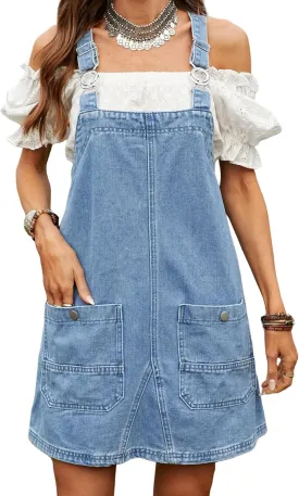Women's Denim Overall Dress Adjustable Strap Knee-Length Jean Jumper with Front Pockets Soft Breathable Loose Fit