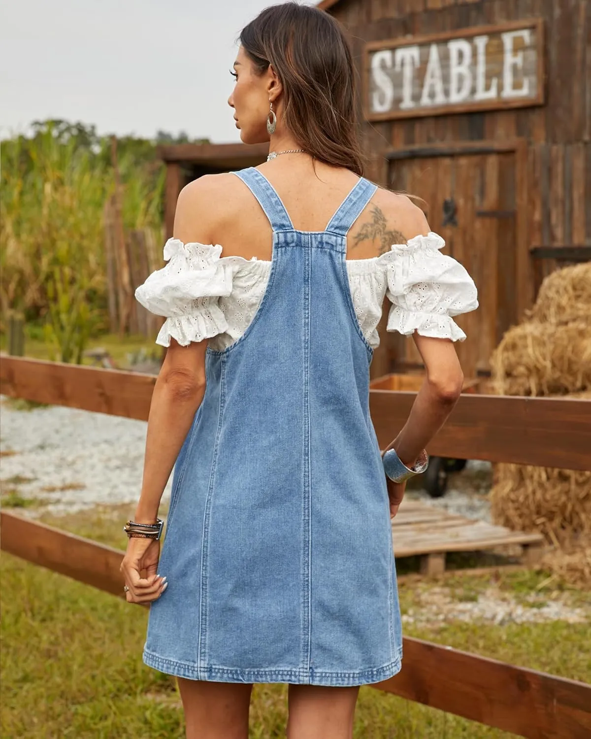 Women's Denim Overall Dress Adjustable Strap Knee-Length Jean Jumper with Front Pockets Soft Breathable Loose Fit