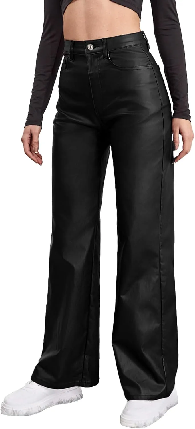 Women's Faux Leather Pants Coated High Waist PU Straight Leg Trousers Black Leggings with Pockets