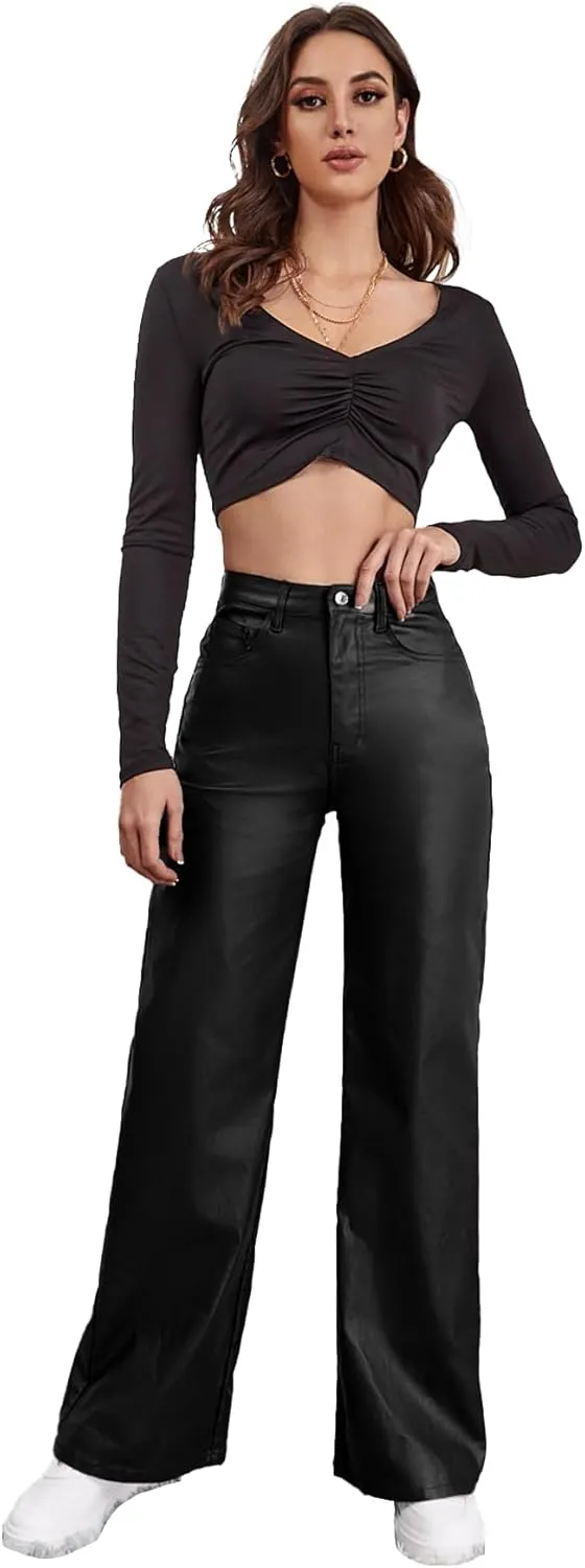 Women's Faux Leather Pants Coated High Waist PU Straight Leg Trousers Black Leggings with Pockets