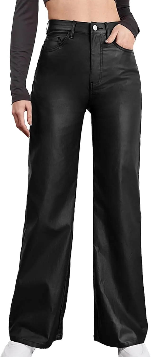 Women's Faux Leather Pants Coated High Waist PU Straight Leg Trousers Black Leggings with Pockets