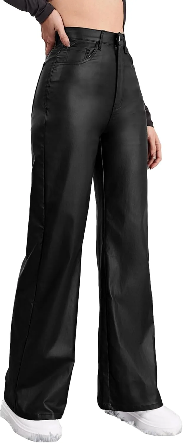 Women's Faux Leather Pants Coated High Waist PU Straight Leg Trousers Black Leggings with Pockets
