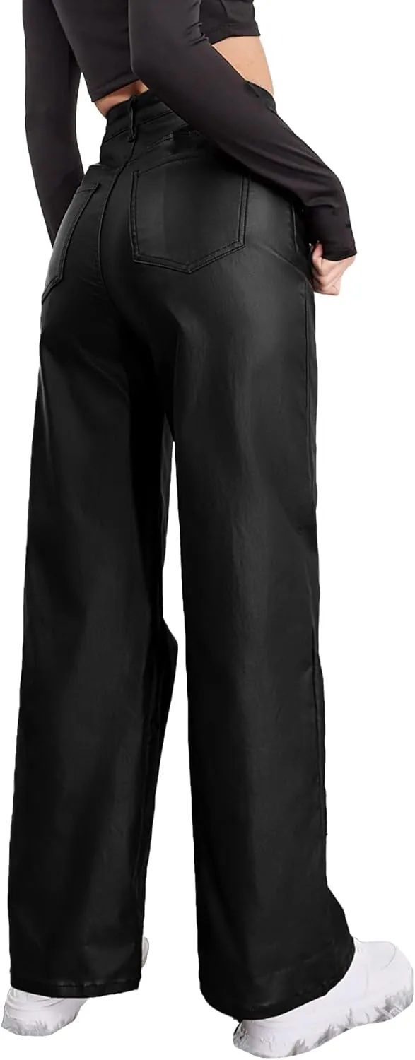 Women's Faux Leather Pants Coated High Waist PU Straight Leg Trousers Black Leggings with Pockets