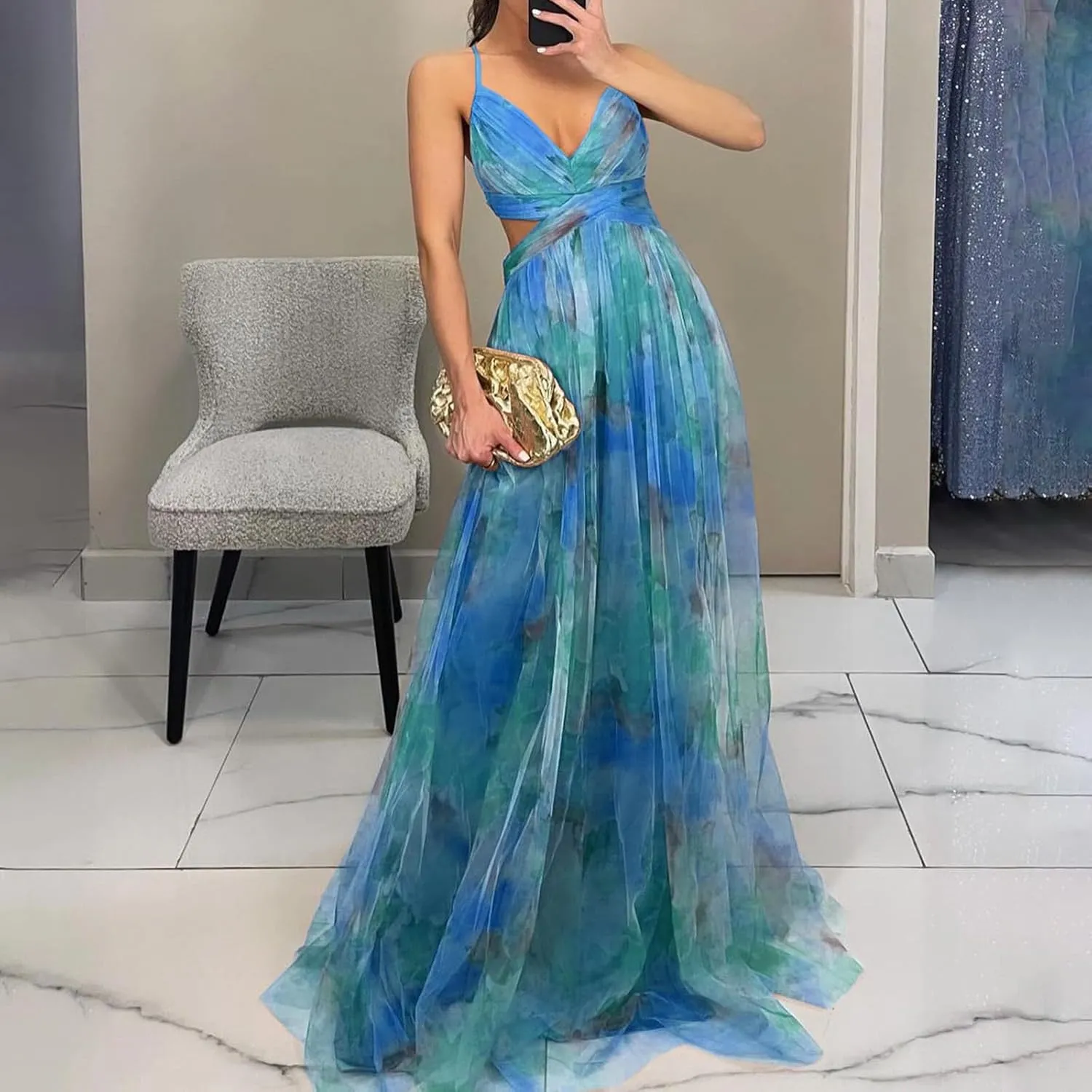 Women's Floral Tulle Wedding Guest Prom Dress Sexy Spaghetti Straps V Neck A Line Formal Colorful Cocktail Maxi Dresses