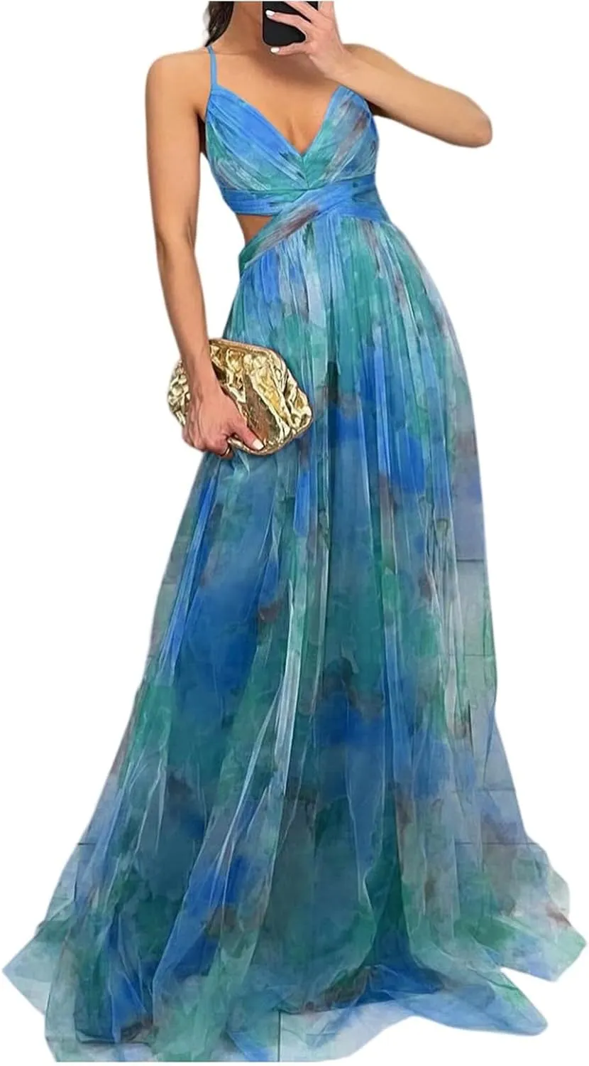Women's Floral Tulle Wedding Guest Prom Dress Sexy Spaghetti Straps V Neck A Line Formal Colorful Cocktail Maxi Dresses