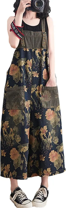 Women's Loose Print Adjustable Straps Denim Baggy Bib Overalls Casual Wide Leg Jeans Jumpsuit Rompers Pants