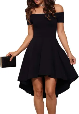 Womens Off Shoulder Short Sleeve Swallowtail Dress High Low Flare Skater Dress