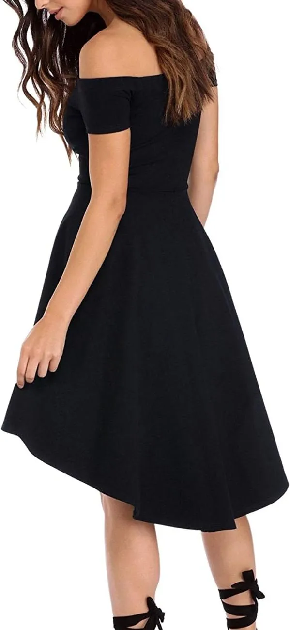 Womens Off Shoulder Short Sleeve Swallowtail Dress High Low Flare Skater Dress