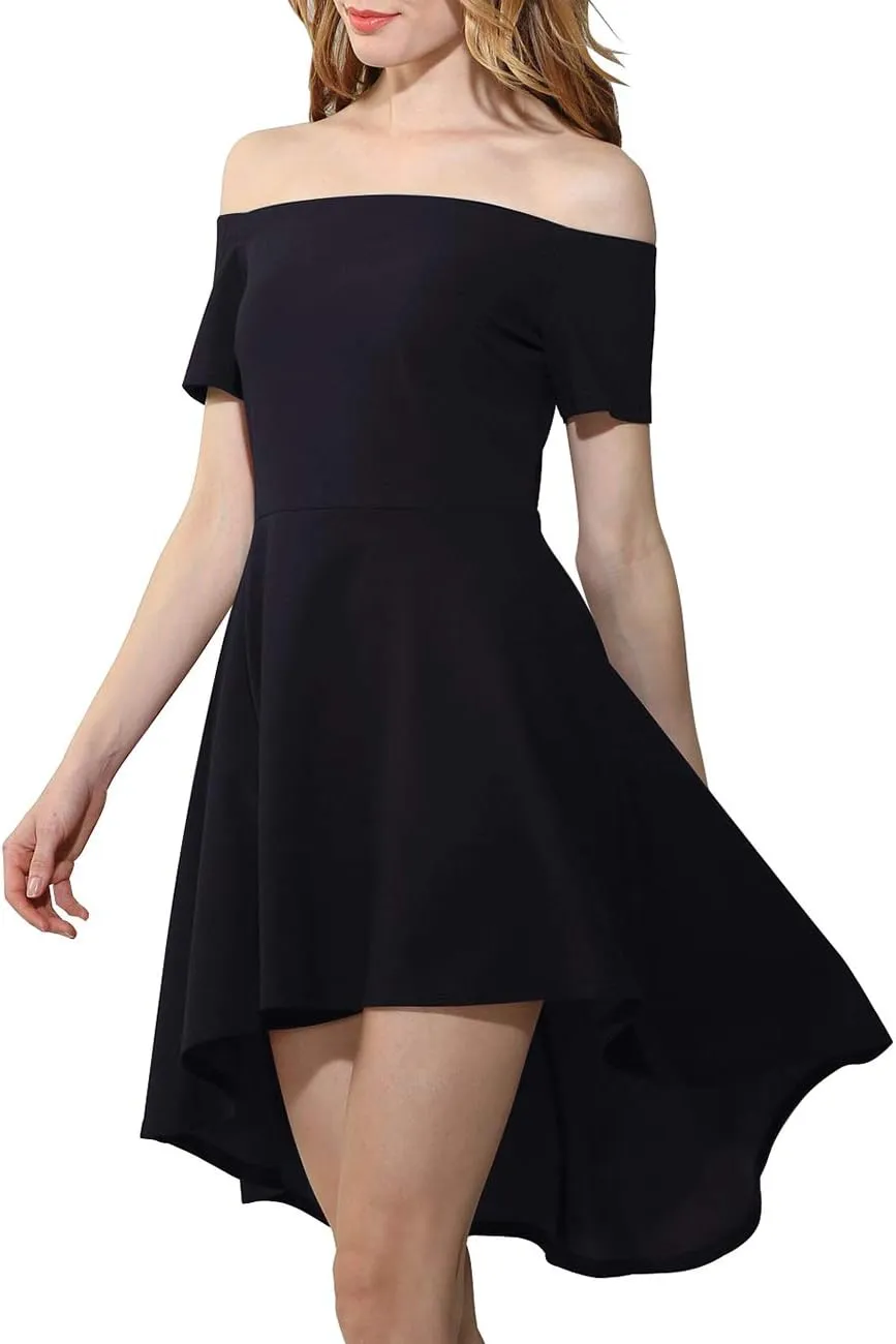 Womens Off Shoulder Short Sleeve Swallowtail Dress High Low Flare Skater Dress