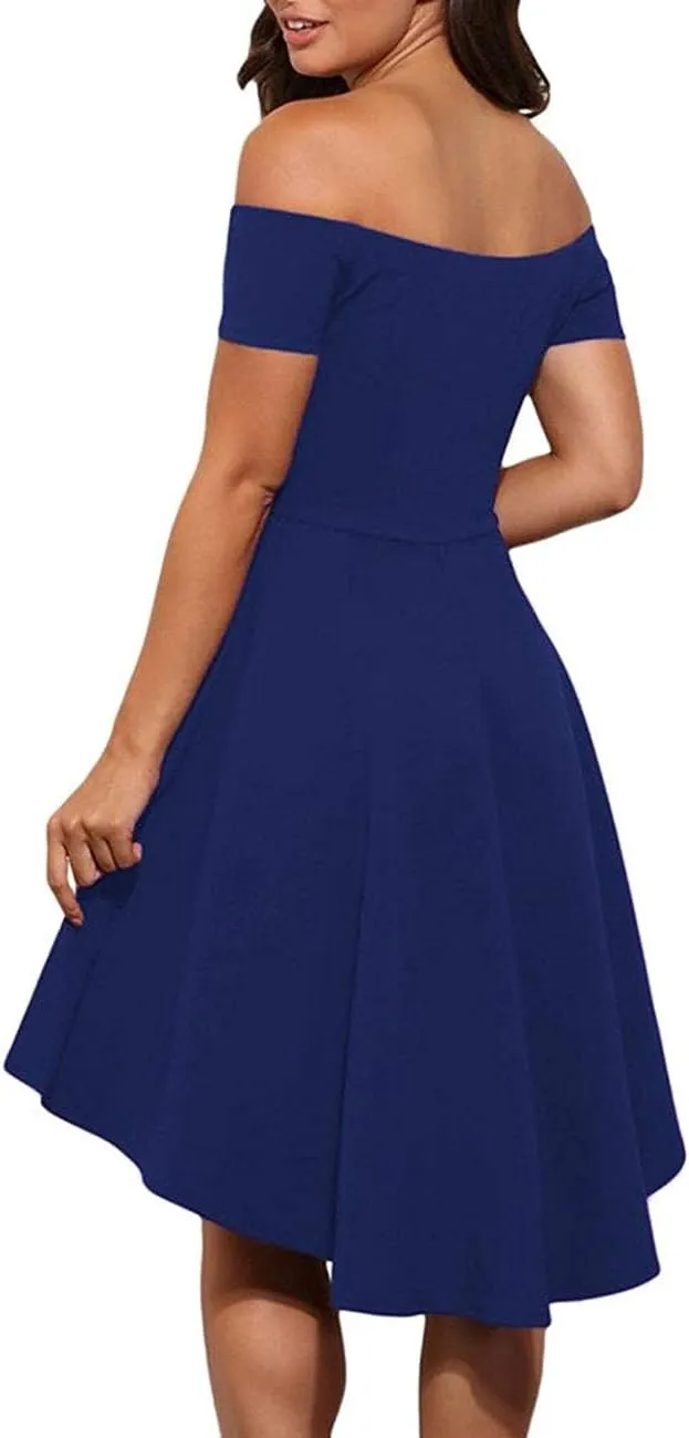 Womens Off Shoulder Short Sleeve Swallowtail Dress High Low Flare Skater Dress