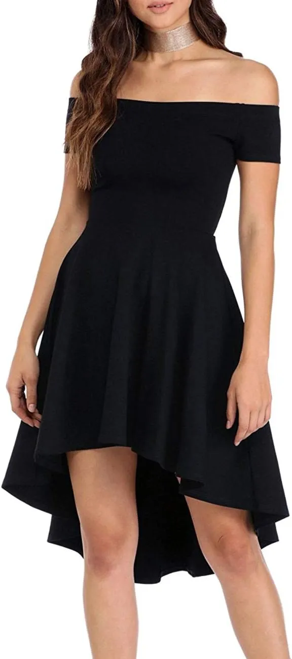 Womens Off Shoulder Short Sleeve Swallowtail Dress High Low Flare Skater Dress