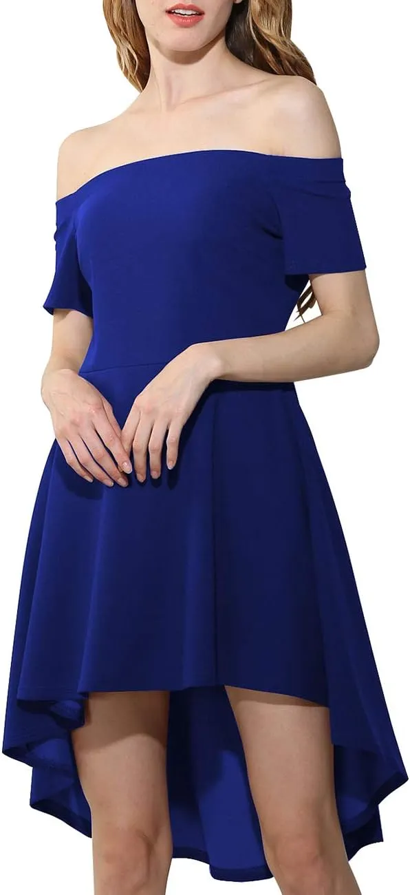 Womens Off Shoulder Short Sleeve Swallowtail Dress High Low Flare Skater Dress