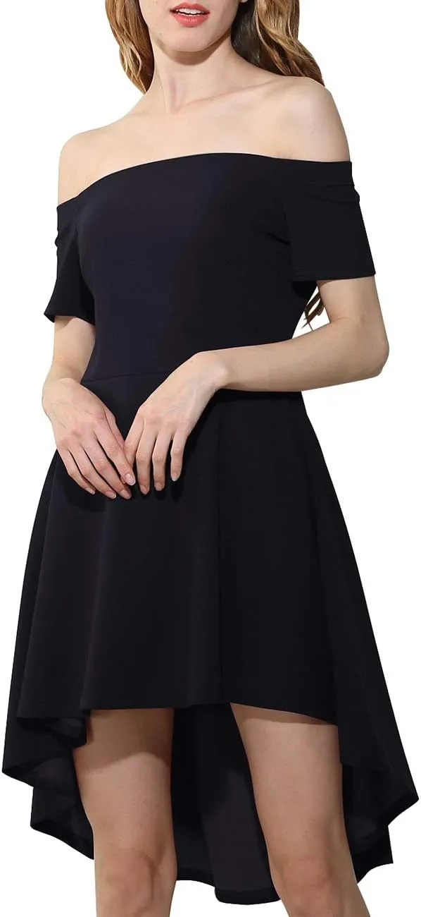Womens Off Shoulder Short Sleeve Swallowtail Dress High Low Flare Skater Dress
