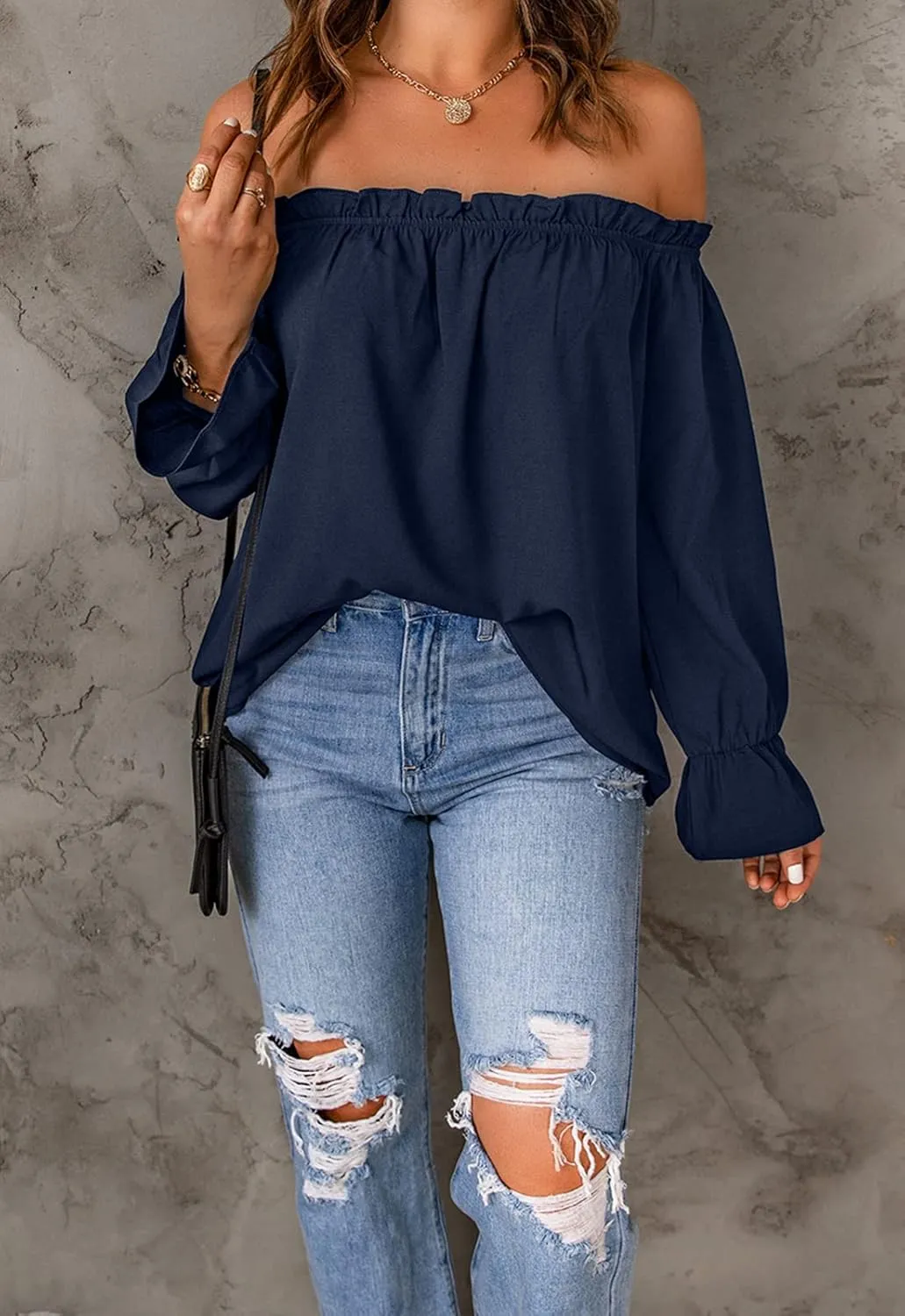 Women's Off Shoulder Top Ruffle Long Sleeve Chiffon Blouse Casual Loose Shirts