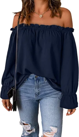 Women's Off Shoulder Top Ruffle Long Sleeve Chiffon Blouse Casual Loose Shirts
