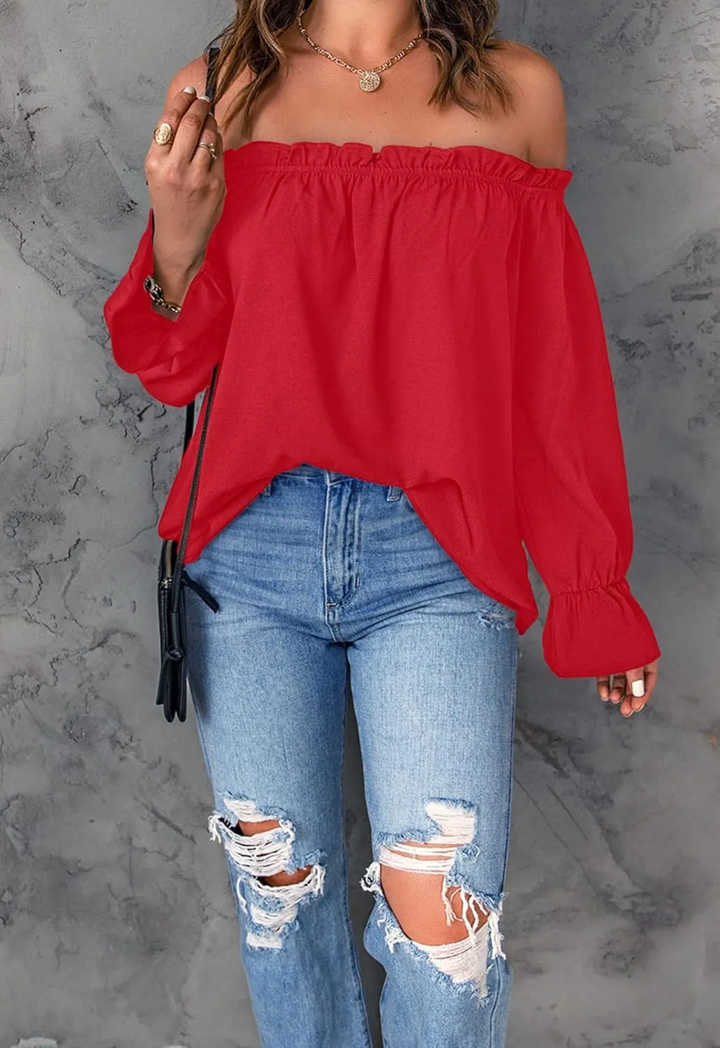 Women's Off Shoulder Top Ruffle Long Sleeve Chiffon Blouse Casual Loose Shirts