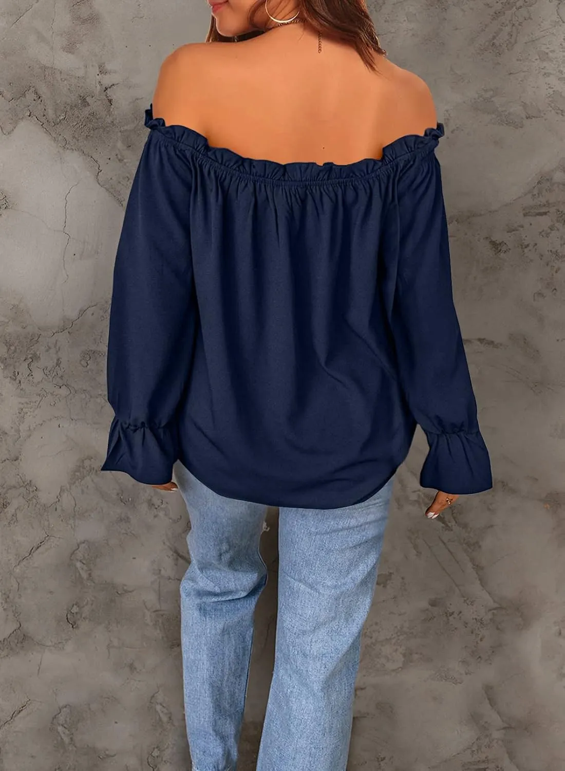 Women's Off Shoulder Top Ruffle Long Sleeve Chiffon Blouse Casual Loose Shirts
