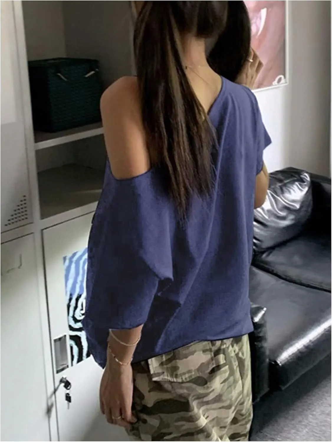 Women's Off The Shoulder Tops Letter Print Oversized Graphic Tees Vintage Y2k 90s Outfits Trendy