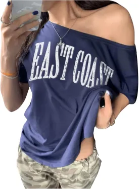 Women's Off The Shoulder Tops Letter Print Oversized Graphic Tees Vintage Y2k 90s Outfits Trendy