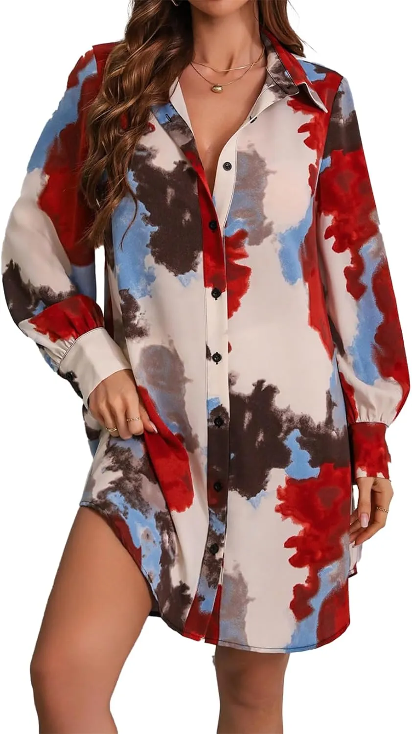 Women's Shirt Dresses Button Down Colorful Blouses Long Sleeve Floral Print Tops Loose Collar Sexy T-Shirts