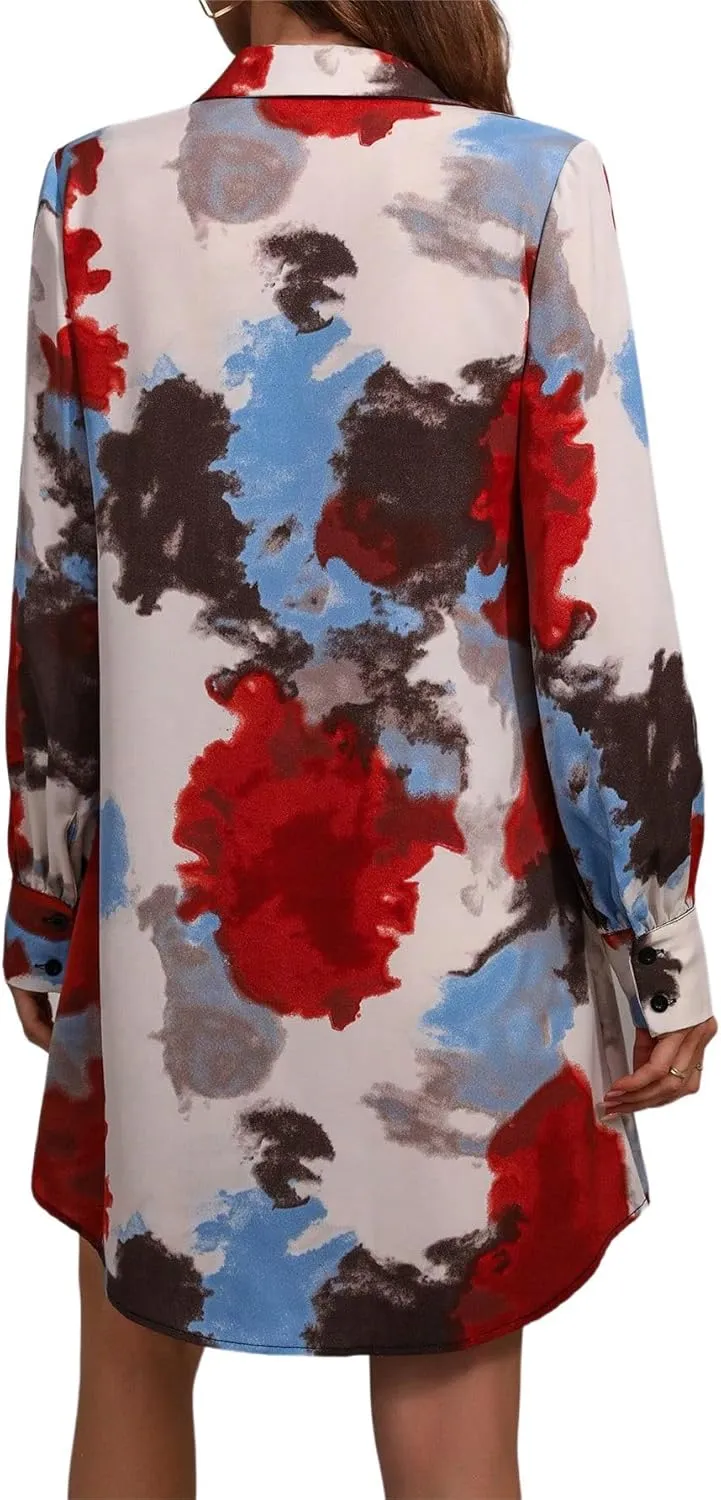 Women's Shirt Dresses Button Down Colorful Blouses Long Sleeve Floral Print Tops Loose Collar Sexy T-Shirts