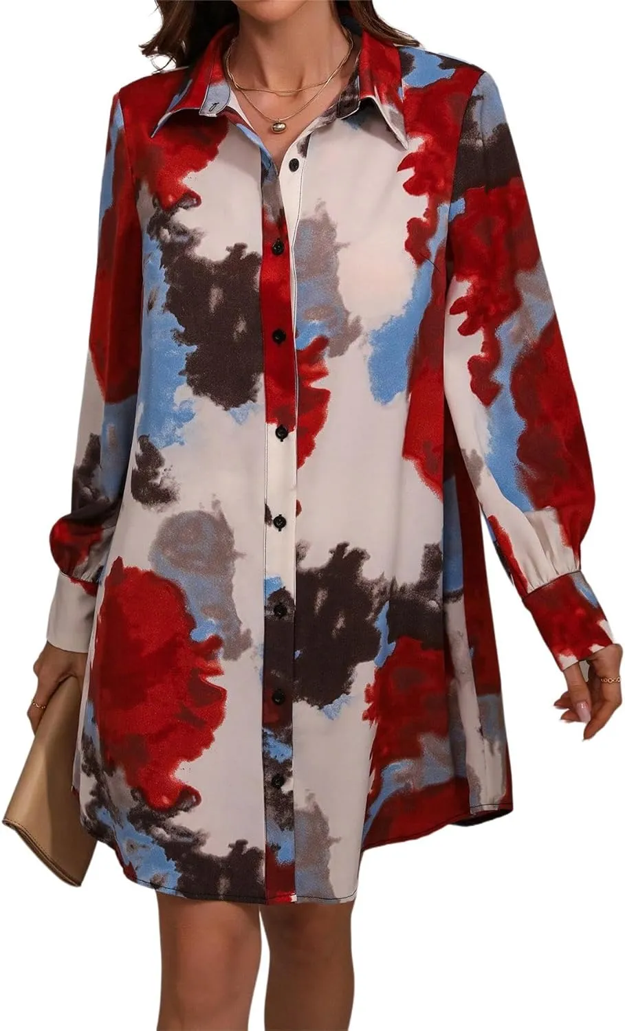 Women's Shirt Dresses Button Down Colorful Blouses Long Sleeve Floral Print Tops Loose Collar Sexy T-Shirts