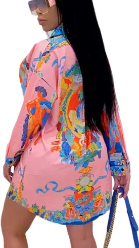 Women's Shirt Dresses Button Down Colorful Blouses Long Sleeve Floral Print Tops Loose Collar Sexy T-Shirts