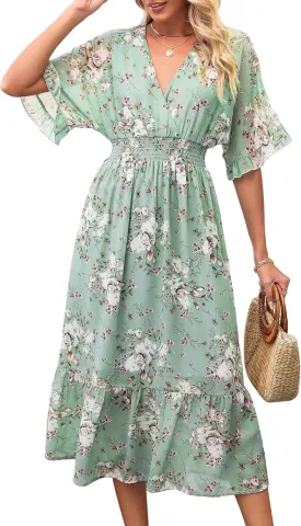 Women's Spring Summer 2025 Floral Midi Dress A Line Chiffon Boho Casual Short Sleeve Long Beach Dresses