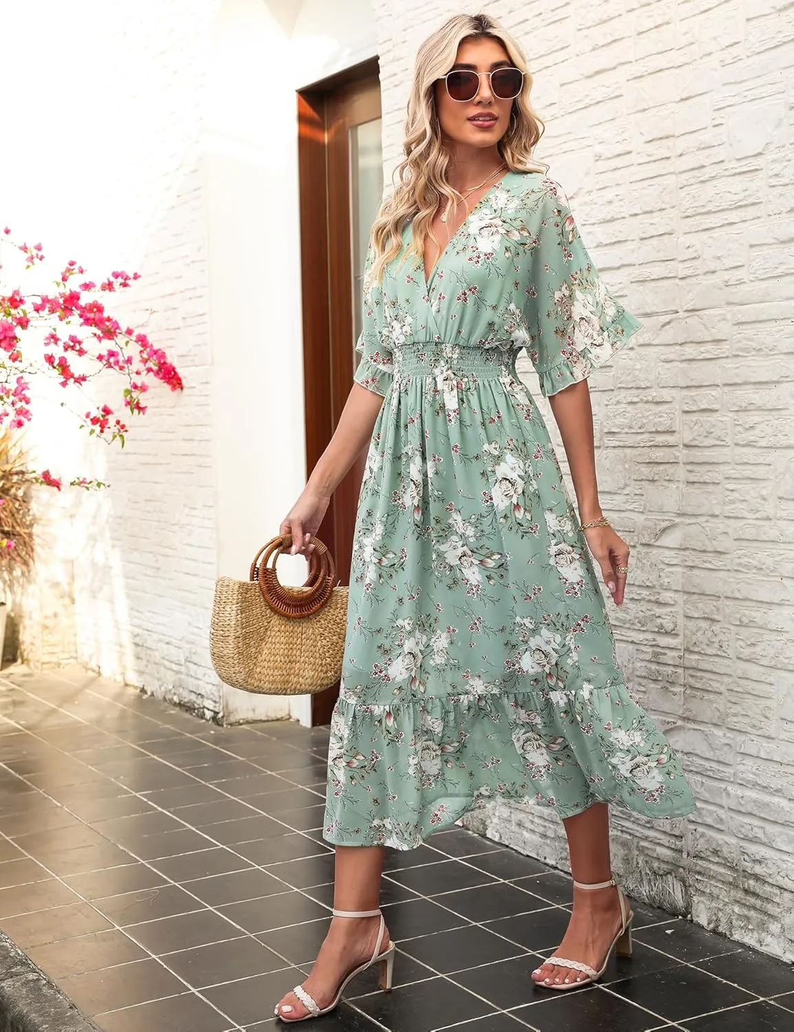 Women's Spring Summer 2025 Floral Midi Dress A Line Chiffon Boho Casual Short Sleeve Long Beach Dresses