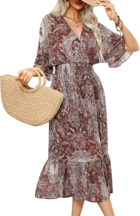 Women's Spring Summer 2025 Floral Midi Dress A Line Chiffon Boho Casual Short Sleeve Long Beach Dresses