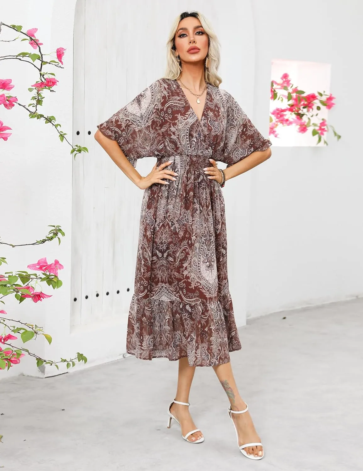 Women's Spring Summer 2025 Floral Midi Dress A Line Chiffon Boho Casual Short Sleeve Long Beach Dresses