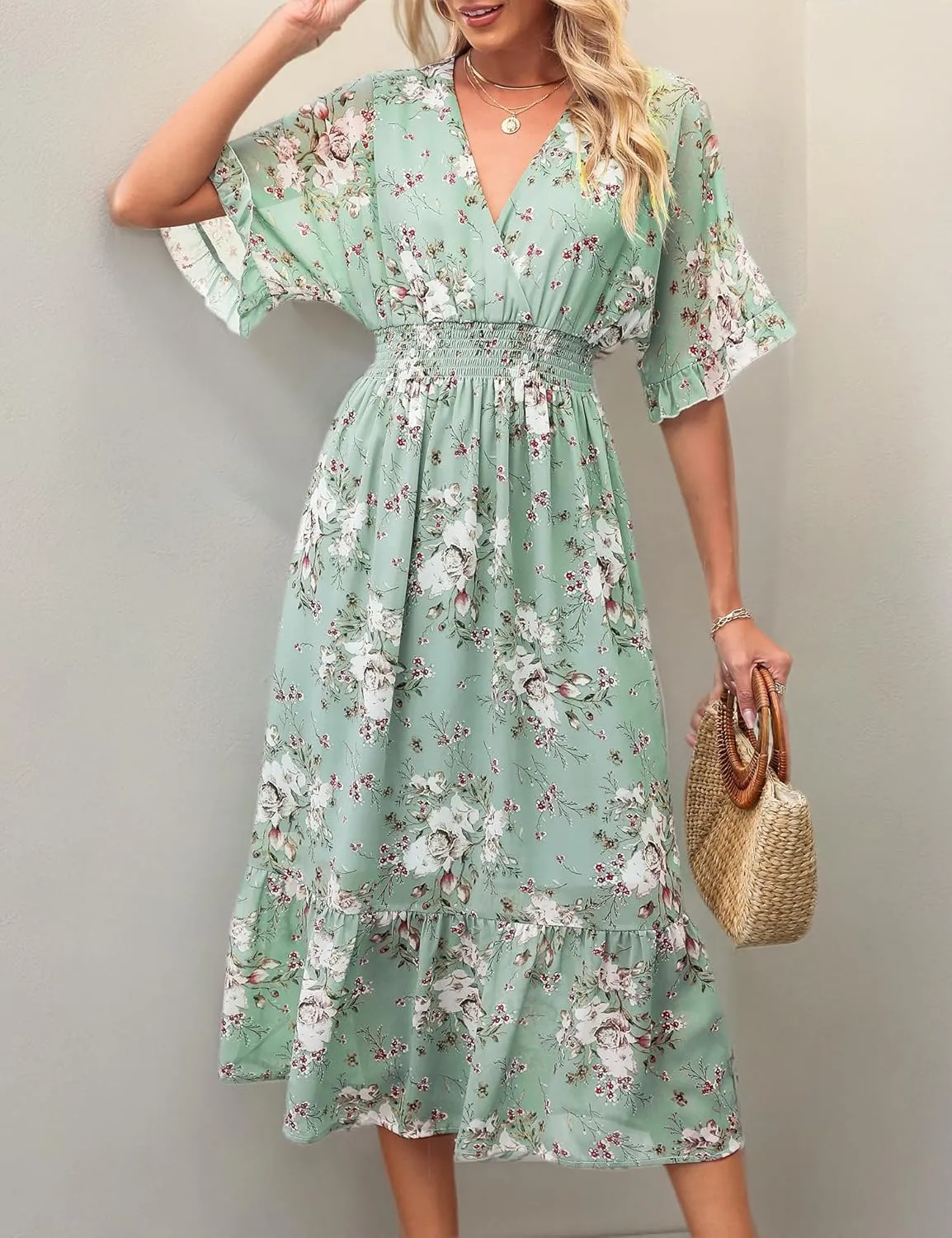 Women's Spring Summer 2025 Floral Midi Dress A Line Chiffon Boho Casual Short Sleeve Long Beach Dresses