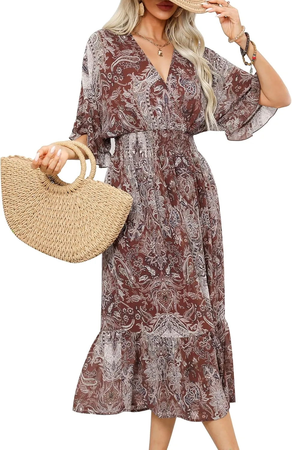 Women's Spring Summer 2025 Floral Midi Dress A Line Chiffon Boho Casual Short Sleeve Long Beach Dresses