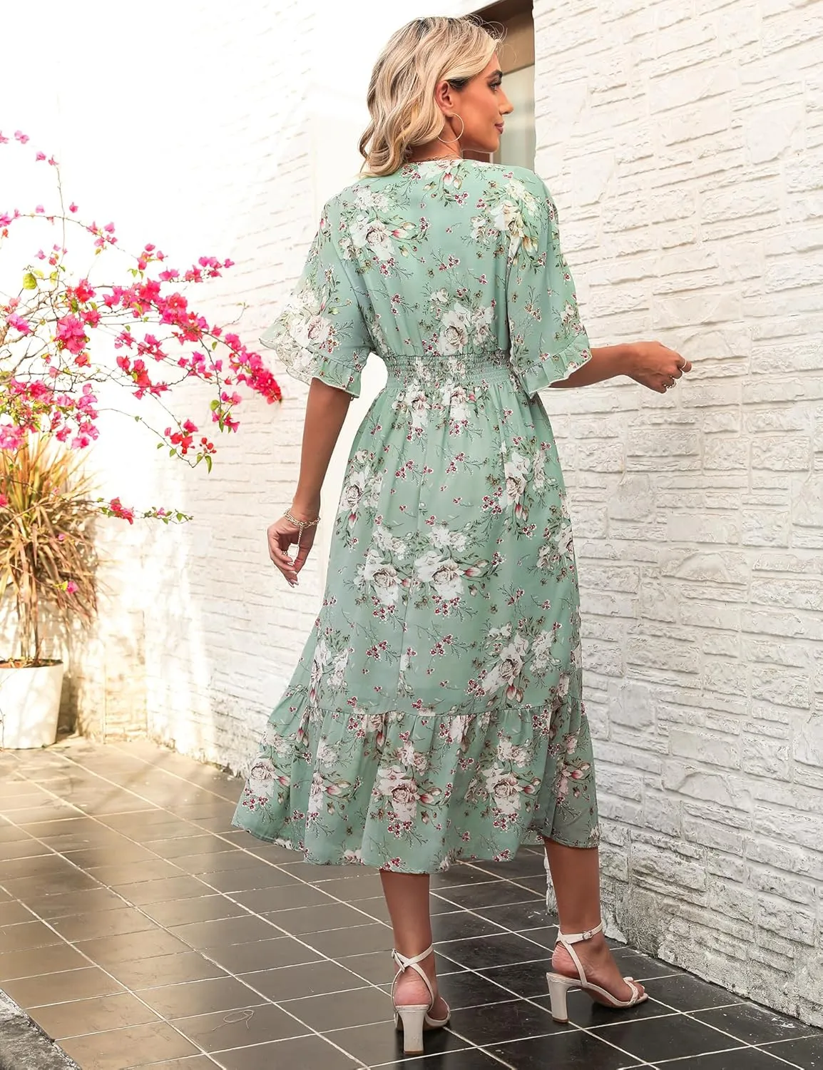 Women's Spring Summer 2025 Floral Midi Dress A Line Chiffon Boho Casual Short Sleeve Long Beach Dresses