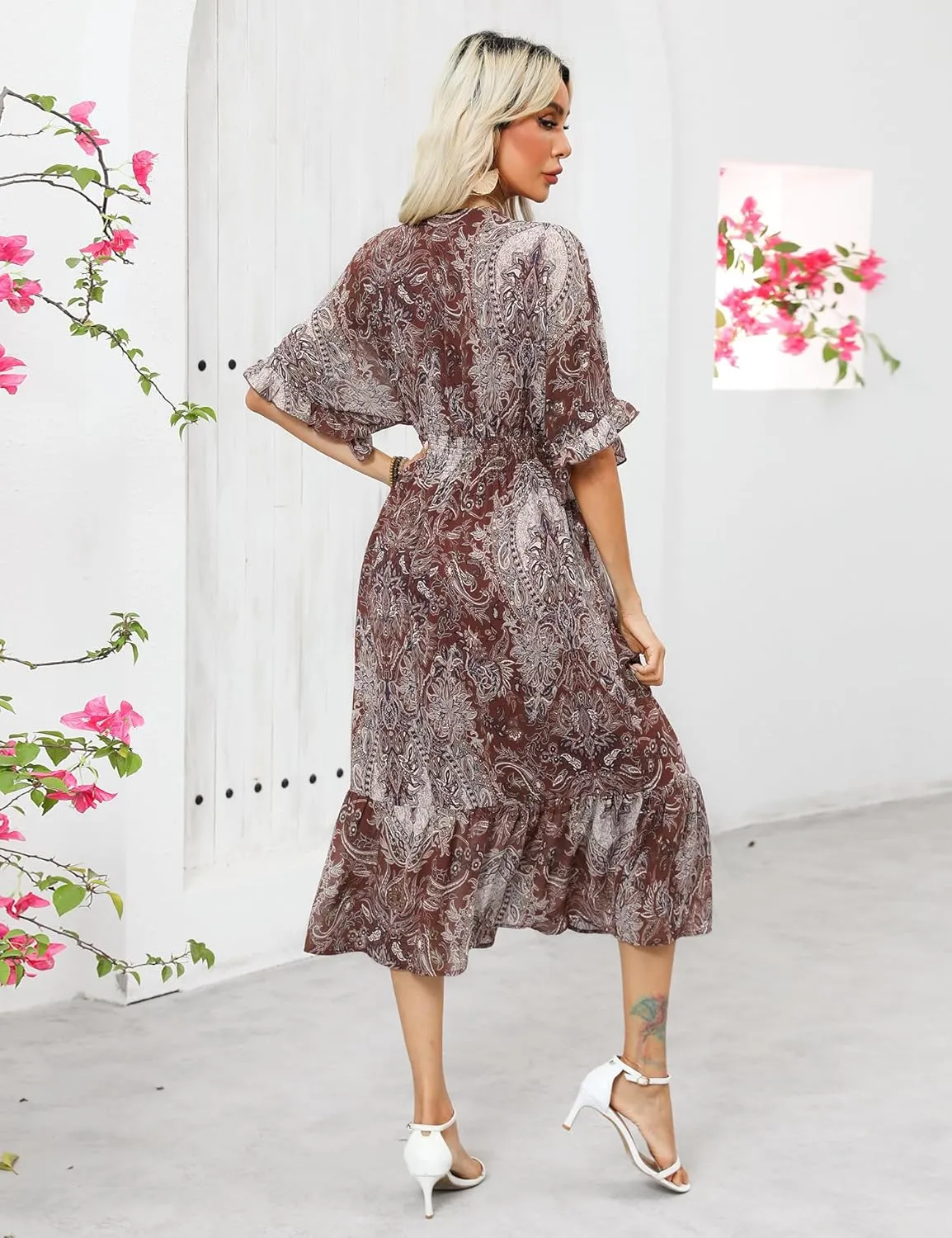 Women's Spring Summer 2025 Floral Midi Dress A Line Chiffon Boho Casual Short Sleeve Long Beach Dresses