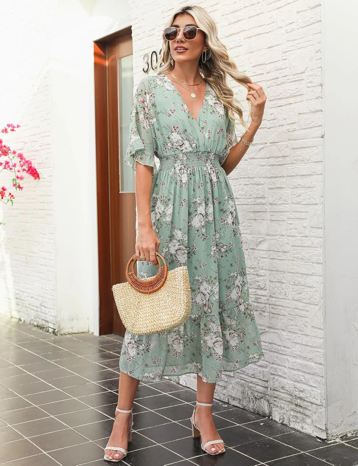 Women's Spring Summer 2025 Floral Midi Dress A Line Chiffon Boho Casual Short Sleeve Long Beach Dresses