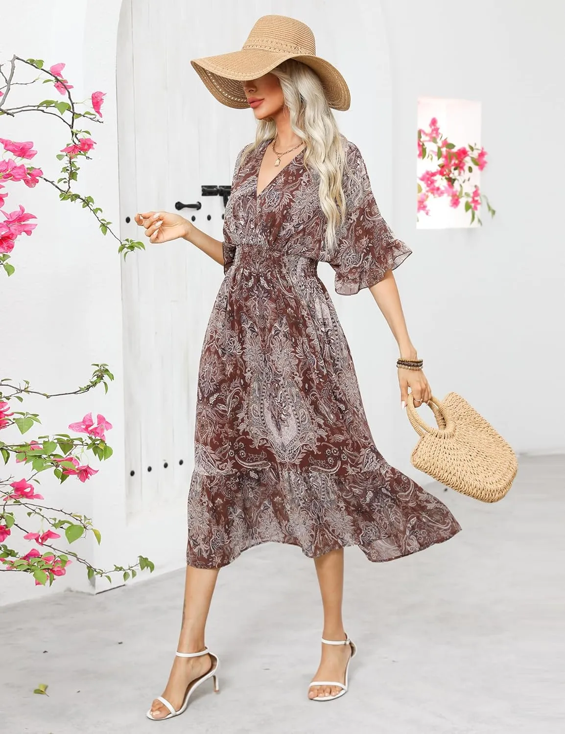 Women's Spring Summer 2025 Floral Midi Dress A Line Chiffon Boho Casual Short Sleeve Long Beach Dresses