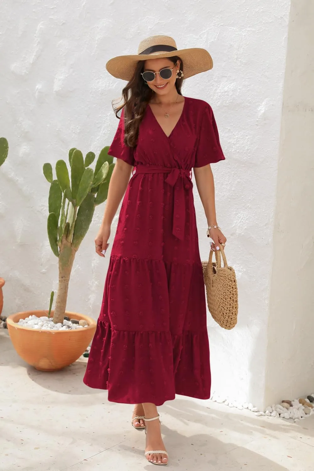 Women's Summer Boho Swiss Dot Maxi Dress Short Sleeve Wrap V Neck A Line Tiered Flowy Long Dress with Belt