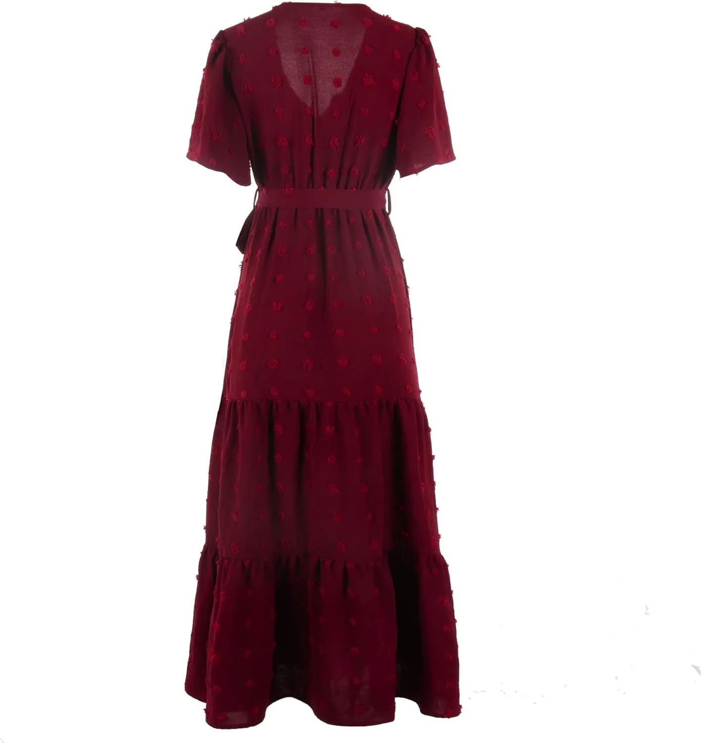 Women's Summer Boho Swiss Dot Maxi Dress Short Sleeve Wrap V Neck A Line Tiered Flowy Long Dress with Belt