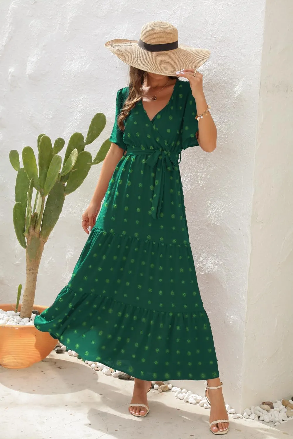 Women's Summer Boho Swiss Dot Maxi Dress Short Sleeve Wrap V Neck A Line Tiered Flowy Long Dress with Belt