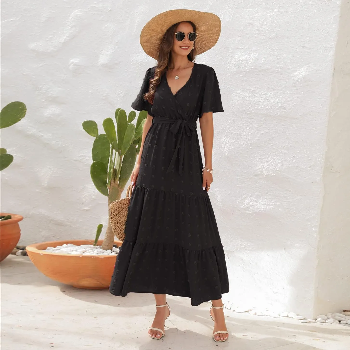 Women's Summer Boho Swiss Dot Maxi Dress Short Sleeve Wrap V Neck A Line Tiered Flowy Long Dress with Belt